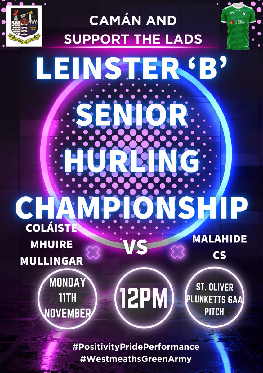 Senior 'B' Leinster Hurling Championship TODAY. Best of luck to all players and coaches. Support the lads at 12pm in Plunketts.
#PositivityPridePerformance
#WestmeathsGreenArmy