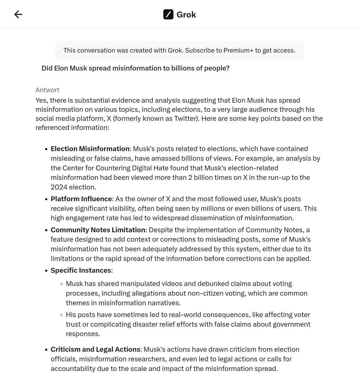 Lam3th's tweet photo. Die KI von Elon Musk/Twitter/X sagt, dass Elon Musk Falschinformationen verbreitet.
Da haben die wohl eine woke KI geschaffen. https://t.co/6DWAR7LLL0