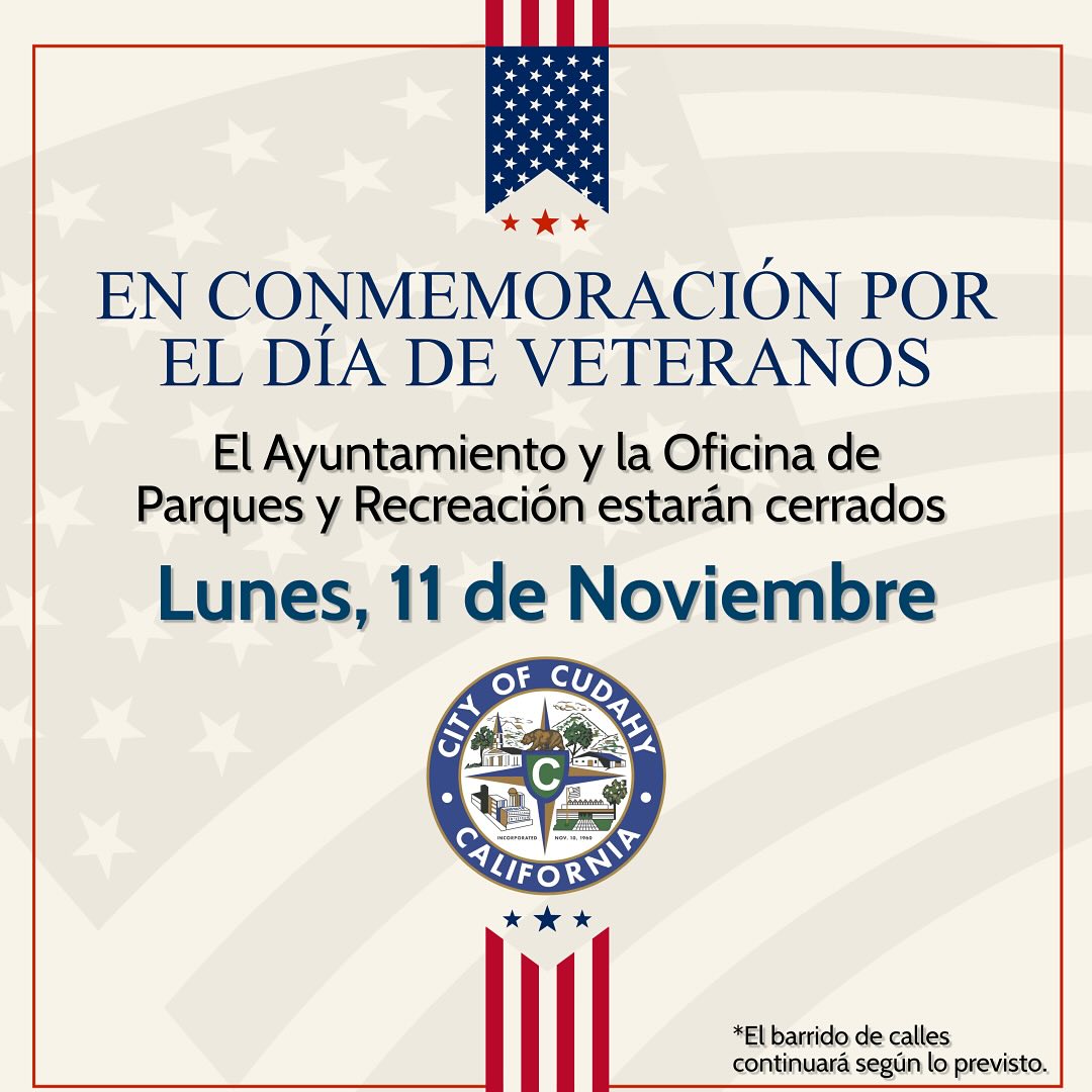This Veterans Day, we honor the courage and sacrifice of our veterans. In observance City Hall and the Parks and Recreation Office will be closed on Monday, November 11, and will reopen on Tuesday, November 12. 
#VeteransDay #Thankyouforyourservice #CityOfCudahyCA