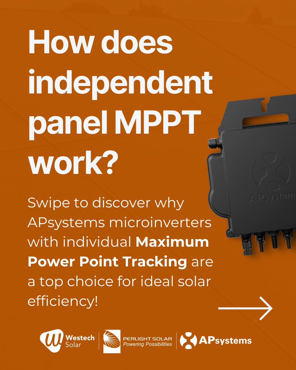 Westech_uk's tweet photo. Maximise solar output with MPPT (Maximum Power Point Tracking) ☀️

This smart tech optimises each panel independently, so one panel’s performance in challenging conditions won’t affect the rest!

Discover more benefits of @APsystems_EMEA microinverters 👉 https://t.co/gbAdqcDC9h https://t.co/7RD4Bfnv5o
