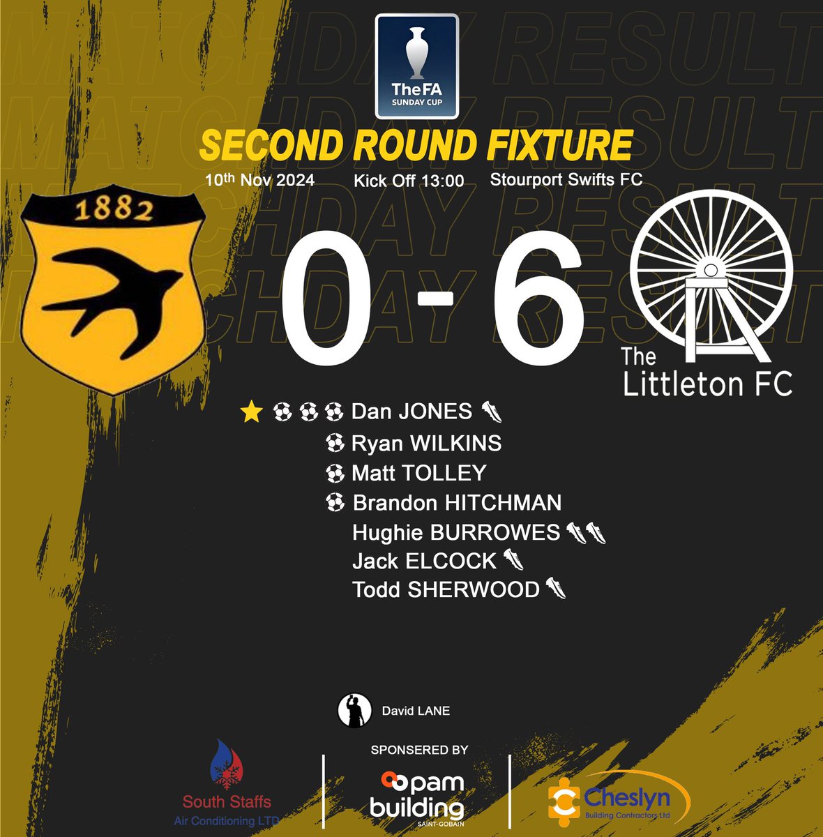 MATCHDAY RESULT

STOURPORT SWIFTS FC 0-6 LITTLETON ARMS FC

👑MOTM: D. Jones (hatrick and was a constant threat)

⚽️⚽️⚽️ D. Jones
⚽️ M. Tolley
⚽️ R. Wilkins
⚽️ B. Hitchman
🅰️ J. Elcock
🅰️🅰️ H. Burrowes
🅰️ D. Jones
🅰️ T. Sherwood

#UPTHECOGGERS 🟡⚫️