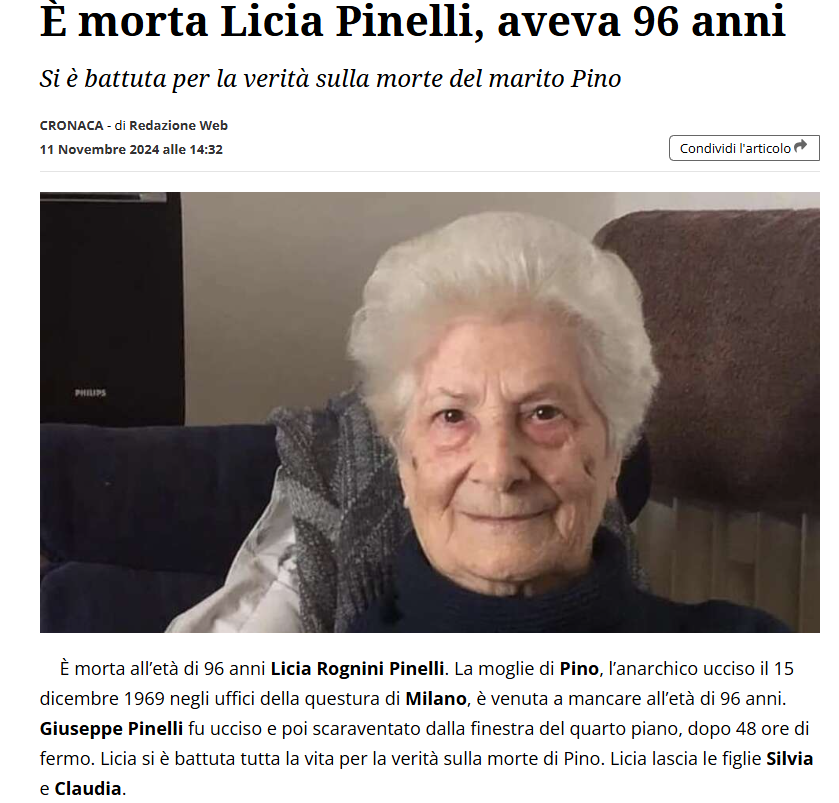 Misurelli77's tweet photo. E' morta Licia Pinelli, la vedova del ferroviere Pino Pinelli.
Ha lottato una vita intera per ristabilire l'onore del povero Pino. Partigiano, compagno, anarchico, ferroviere, padre e marito esemplare
ucciso dallo stato

Adesso sei in montagna con il tuo Pino✊ https://t.co/caiIDGEeq1