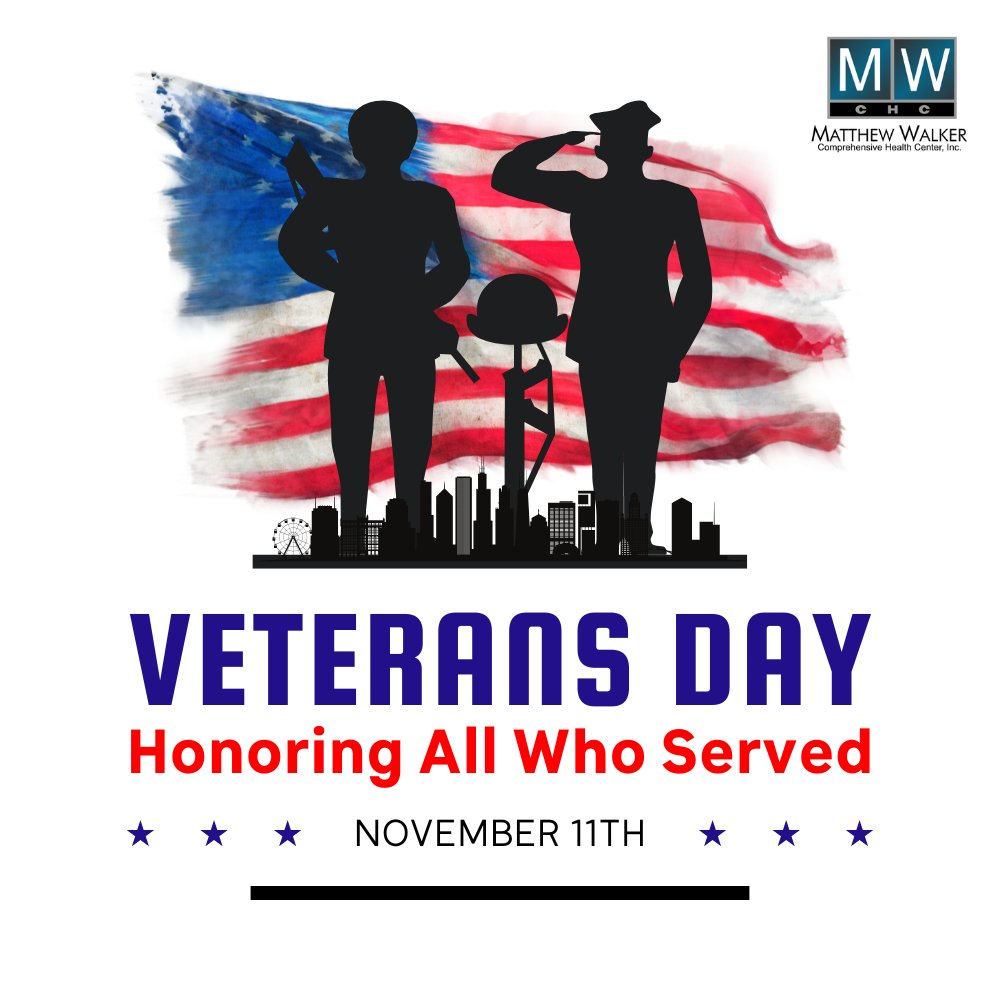 Today, we honor the brave men and women who served our country. Thank you for your dedication and sacrifice. Happy Veterans Day from all of us at Matthew Walker Comprehensive Health Center. 🇺🇸 #VeteransDay #ThankYouVeterans