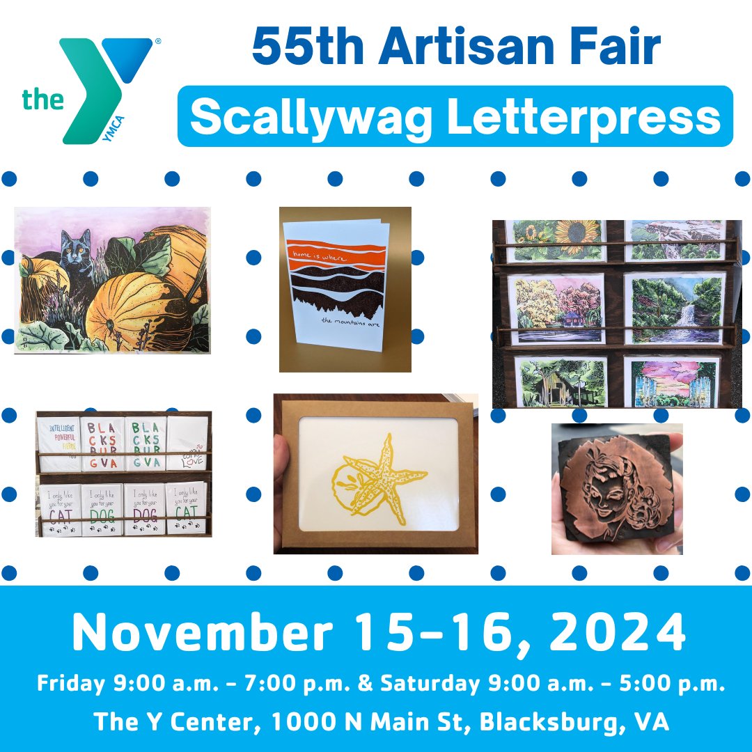 vtymca's tweet image. Meet Your Vendors!
Scallywag Letterpress from Christiansburg, VA, will be at the YMCA&apos;s 55th Artisan Fair! Explore unique letterpress, screen-printed, and foil-stamped cards, tote bags, notebooks, art, coasters, and more!

🗓️ Nov 15-16
📍 YMCA Thrift
#YMCAArtisanFair #ShopLocal
