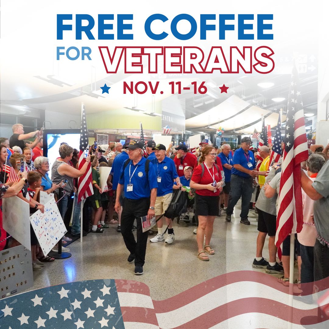 ATWairport's tweet photo. Happy Veterans Day! Today through November 16th, we invite all veterans traveling through ATW to enjoy a free cup of coffee as a token of our appreciation- just show your military ID. We’re honored to serve those who have served. ☕🇺🇸 

#flyatw #veteransday #wisconsin #foxcities https://t.co/gQht8PRhI8