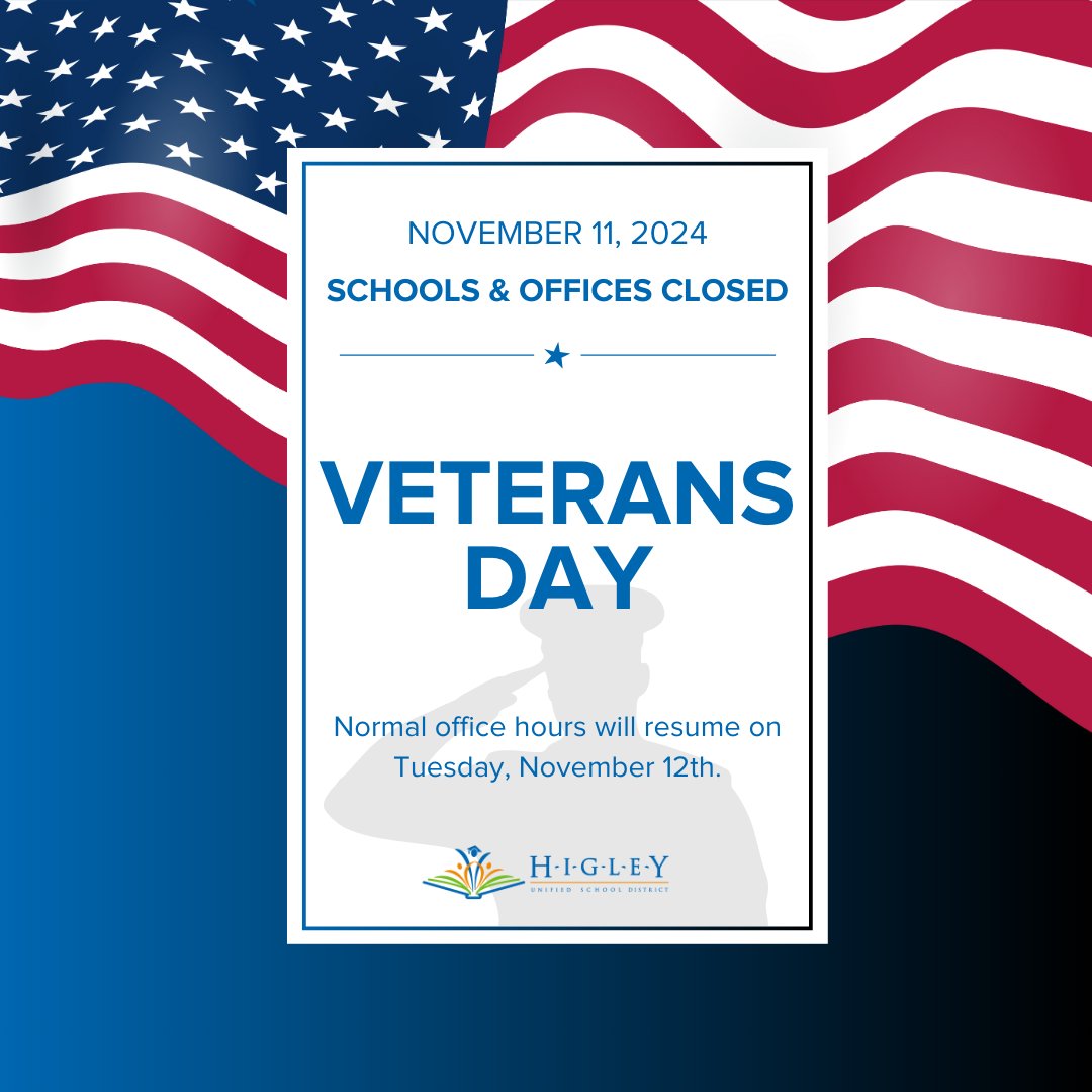 In observance of #VeteransDay, all schools and offices will be closed on Monday, November 11, as we honor the service and sacrifices of our veterans. Normal hours and operations will resume on Tuesday, November 12.
