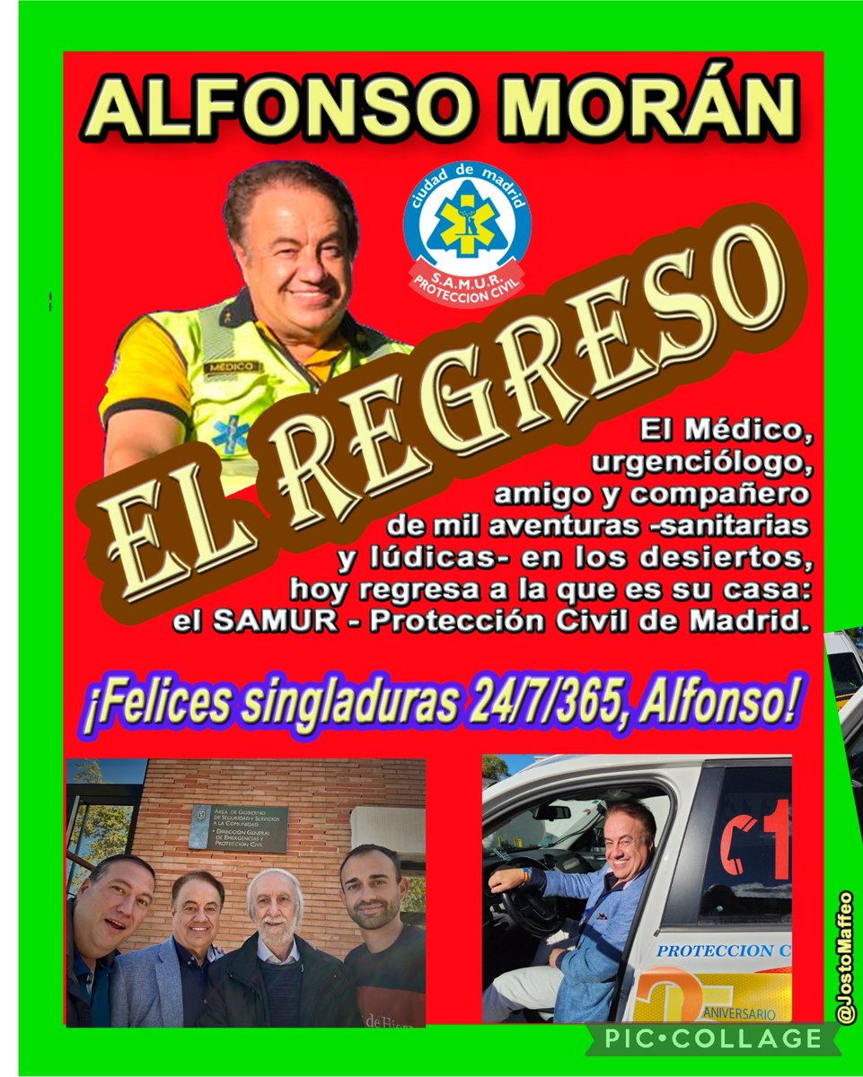 🚑🩺 ALFONSO MORÁN <a href="/Poncho4996/">Alfonso Moran Doc</a>, #médico #urgenciólogo, amigo y compañero de mil aventuras en los desiertos -y no sólo- regresa a su casa: el <a href="/SAMUR_PC/">SAMUR-Protección Civil</a> 
 
¡Felices singladuras 24/7/365, Alfonso!