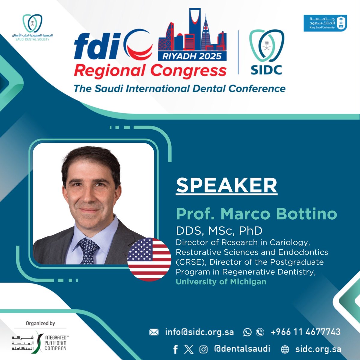 DentalSaudi's tweet photo. We’re excited to welcome Prof. Marco Bottino as distinguished speaker  FDI Regional Congress-SIDC 2025

📅 16-18 January 2025
📍Riyadh International Convention and Exhibition Centre https://t.co/7bGOJniXwC