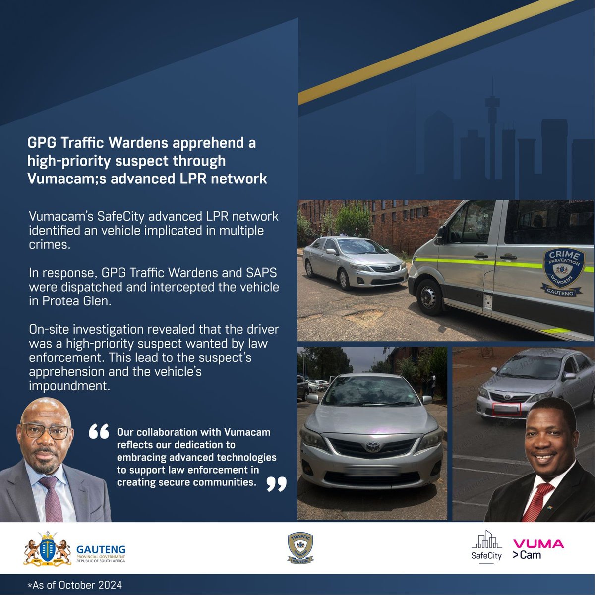 GautengeGov's tweet photo. This prompted a swift response from GPG Traffic Wardens and SAPS. The vehicle was intercepted, leading to the apprehension of a high-priority suspect and the impoundment of the vehicle. #GrowingGautengTogether #AtYourService #CreatingASaferGauteng https://t.co/GZp5k87h0e