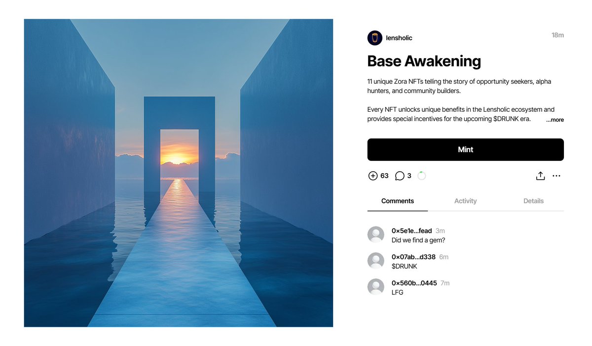 Crypto_Pranjal's tweet photo. 🚨 Exclusive Zora NFT Alert! 🚨

@Lensholic drops "Base Awakening" - first of 11 Degen Explorers NFTs building the ultimate Base & Farcaster community!

Early minters will be part of an elite Degen community with special access to upcoming $DRUNK ecosystem. This is your chance to become an Early Degen!

✅ Mint here: https://t.co/zlt1nJZ4Sn