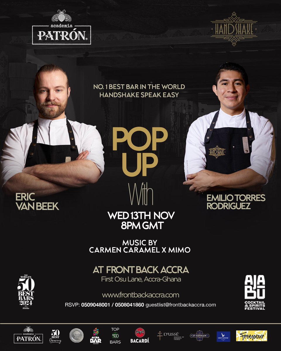 Experience world class cocktails from the recently awarded no.1 best bar in the world, right here with us <a href="/FrontBackAccra/">Front/Back Accra</a> this Wednesday, from 8pm🤩 
Cheers!🍻