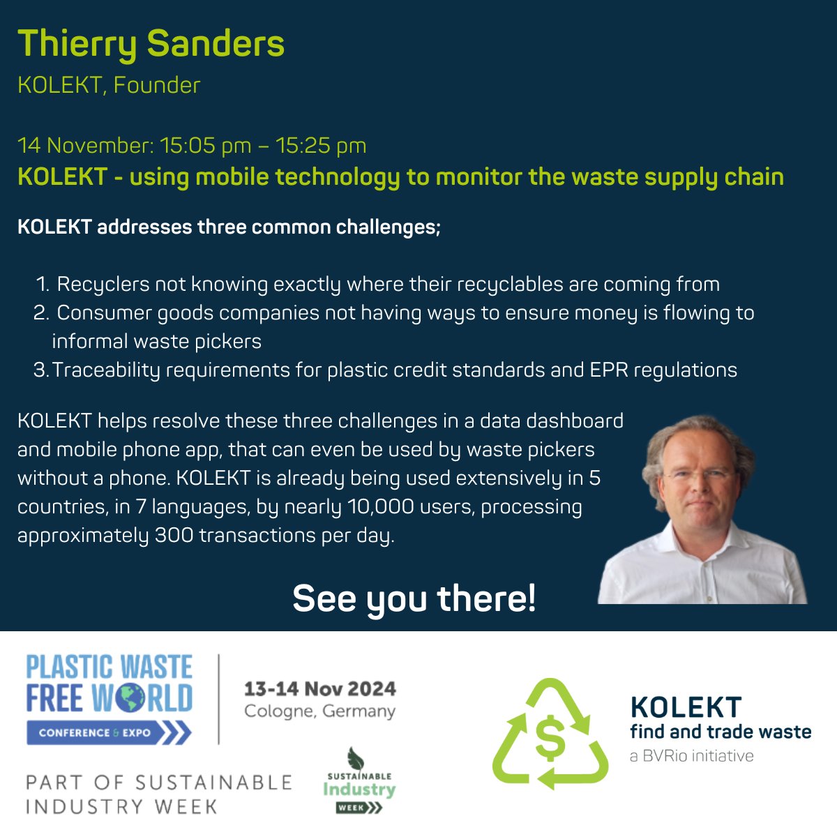 Thierry Sanders will be speaking about the innovative KOLEKT waste management system at <a href="/PlasticFreeExpo/">Plastic Waste Free World Conference & Expo Europe</a> in Germany this week. Are you attending?

kolekt.com

#wastemanagement #recycling #plasticwaste #EPR #CSR #sustainability #wastetechnology