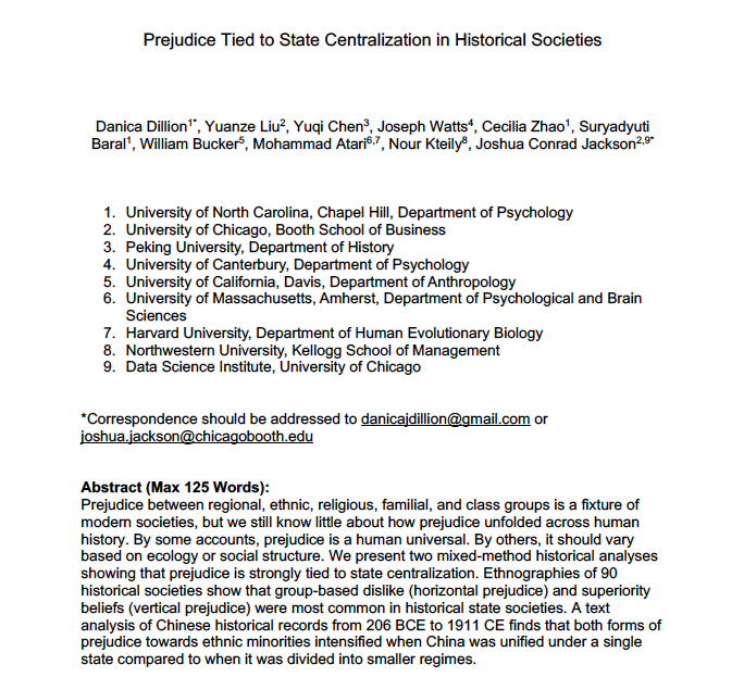 🚨New preprint🚨

Prejudice is widespread today. But has it been historically constant, or has prejudice varied with social structure?

A cross-cultural study of 90 societies and an analysis of Chinese historical records suggest that prejudice was higher in centralized states.