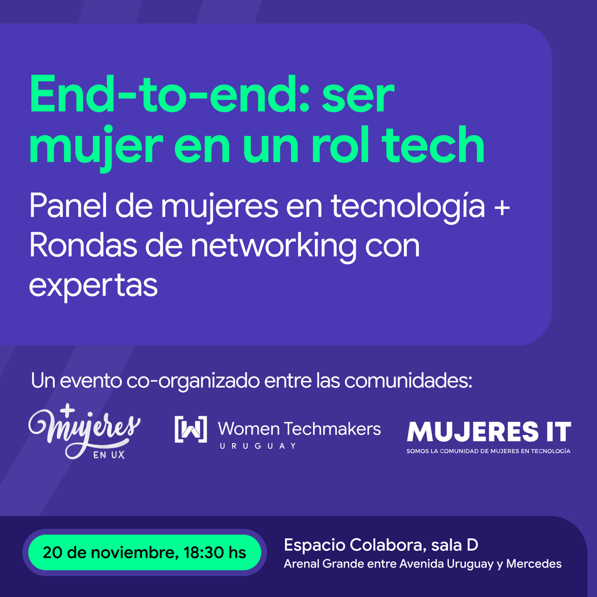 🗓️PRÓXIMO EVENTO:
End-to-end: ser mujer en un rol tech. Panel de mujeres en tecnología + Rondas de networking con expertas.
¡Inscripciones abiertas!  eventbrite.com/e/end-to-end-s…