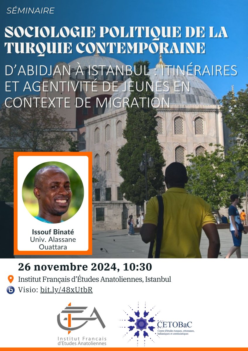 📣 Séminaire - D’Abidjan à Istanbul : Itinéraires et agentivité de jeunes en contexte de migration entre la Côte d’Ivoire et la Turquie

📆 26/11/2024 à 10h30
📍 Hybride
👉 Inscription (limite 24/11 à 12h): forms.gle/mKhkZ1HBEiogAX…
👉 Visio (BBB): bit.ly/48xUtbR