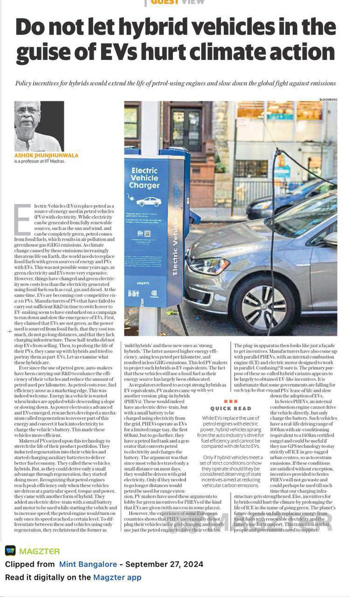 It's time to clarify the green credentials! 

Electric Vehicles run on renewable energy, while hybrids still rely heavily on fossil fuels. #EVFuture #CleanEnergy #SupportEV

<a href="/nitin_gadkari/">Nitin Gadkari</a> <a href="/moefcc/">MoEF&CC</a>

economictimes.indiatimes.com/industry/auto/…