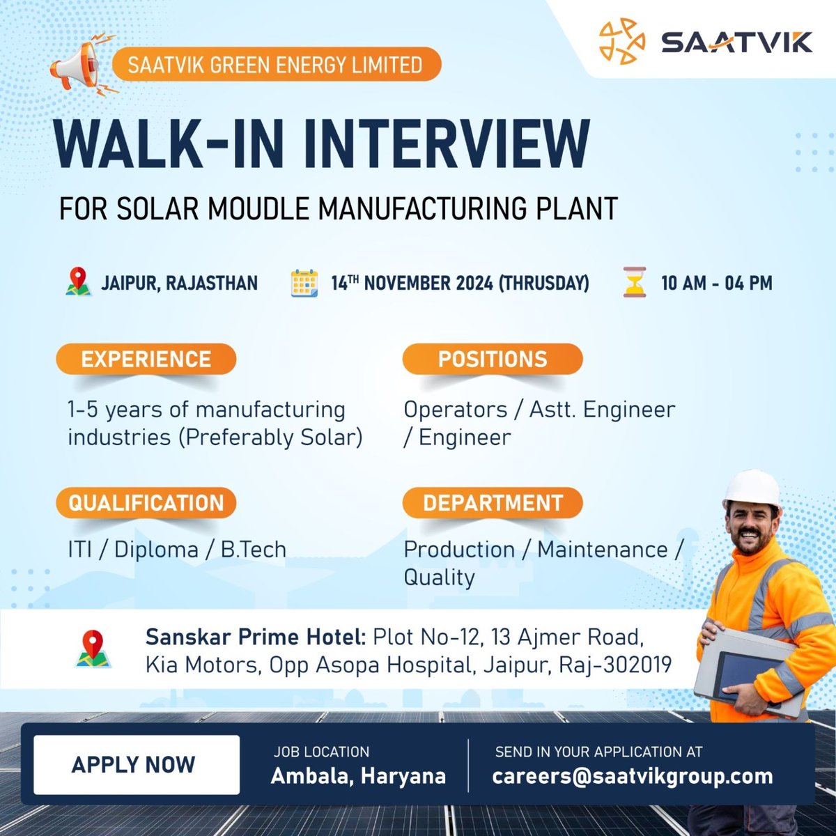 Saatvik Solar (@saatviksolar) on Twitter photo Join the Solar Revolution with <a href="/SaatvikSolar/">Saatvik Solar</a> !
We’re hiring at Saatvik Solar and inviting you to attend our Walk-In-Interview for exciting career opportunities in the solar energy sector. Be a part of our mission to power a sustainable future!
#jobs #openvacancies #hiringnow Join the Solar Revolution with <a href="/SaatvikSolar/">Saatvik Solar</a> !
We’re hiring at Saatvik Solar and inviting you to attend our Walk-In-Interview for exciting career opportunities in the solar energy sector. Be a part of our mission to power a sustainable future!
#jobs #openvacancies #hiringnow