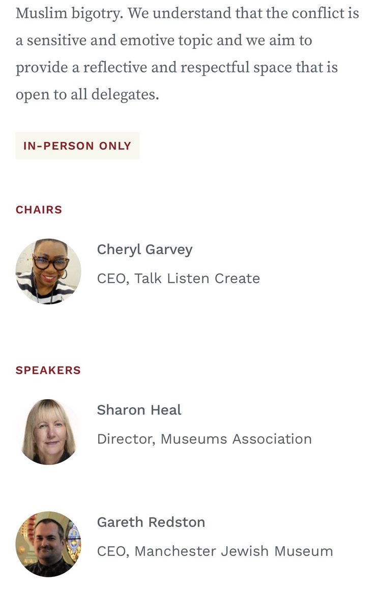 Why are <a href="/MuseumsAssoc/">Museums Association</a> running an event called 'Conflict in Israel &amp; Palestine' with <a href="/Sharonheal/">Sharon Heal</a> #GarethRedston Director of the Manchester Jewish Museum &amp; #CherylGarvey - WITH NO NAMED PALESTINIAN SPEAKER OR PARTNERS? @Pal_action <a href="/PSCupdates/">Palestine Solidarity Campaign</a> <a href="/EyeonPalestine/">Eye on Palestine</a> <a href="/museum_detox/">Museum Detox</a>