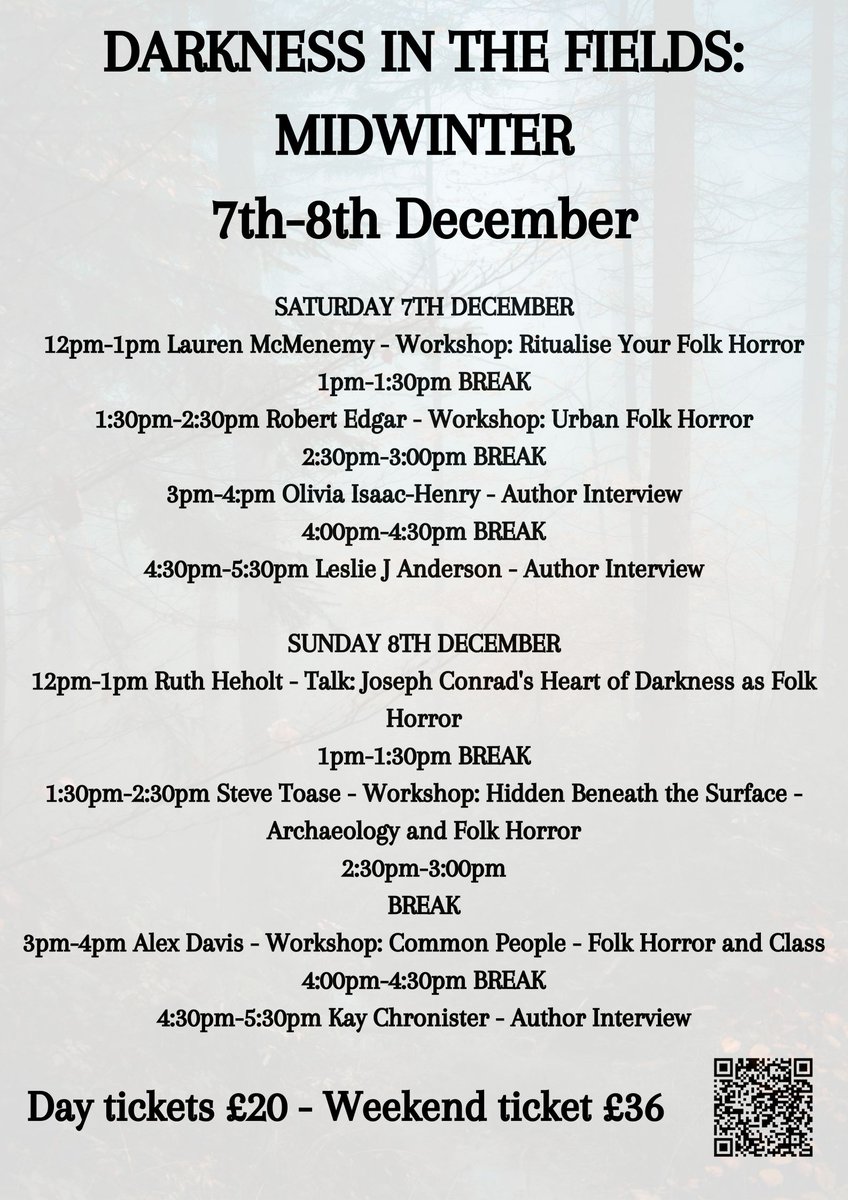 Full schedule now confirmed for DARKNESS IN THE FIELDS: MIDWINTER, with an exciting mix of workshops, interviews and talks incoming! ttps://www.eventbrite.co.uk/e/darkness-in-the-fields-midwinter-tickets-935753101717 #folkhorror #horror #horrorwriting #horrorwriters