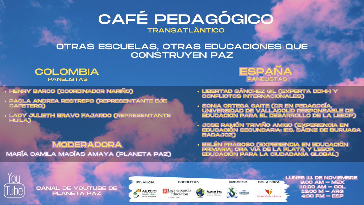 Hoy lunes 11 de Noviembre a las 10:00 AM (COL) y 4:00 PM (ESP) la juntanza es para conversar sobre otras #escuelas, otras #educaciones que construyen #paz sigan la transmisión en vivo 🔴 vía YouTube en youtube.com/live/EaKyrj2Gc…  #CaféPedagógico