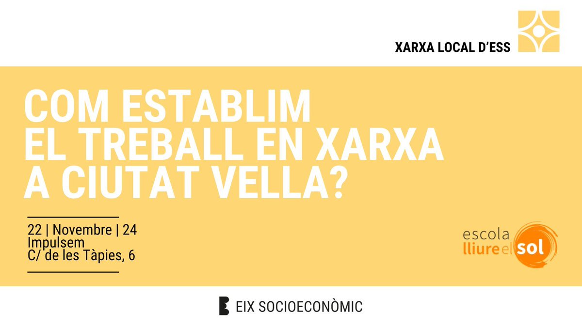 La Traginera - Comunalitat Ciutat Vella (@la_traginera) on Twitter photo 🤝🏾 Un taller pràctic on conèixer la forma d'enfortir l'enxarxament i l'arrelament a #CiutatVella.
Participa de forma activa per crear➕ treball en xarxa amb la col·laboració d <a href="/EscolaElSol/">Escola Lliure el Sol, sccl</a>.
📆 Divendres 22/11 de 9:30 a 11:30 h
✅ Reserva plaça: oficina.latraginera.org/apps/forms/s/r… 🤝🏾 Un taller pràctic on conèixer la forma d'enfortir l'enxarxament i l'arrelament a #CiutatVella.
Participa de forma activa per crear➕ treball en xarxa amb la col·laboració d <a href="/EscolaElSol/">Escola Lliure el Sol, sccl</a>.
📆 Divendres 22/11 de 9:30 a 11:30 h
✅ Reserva plaça: oficina.latraginera.org/apps/forms/s/r…