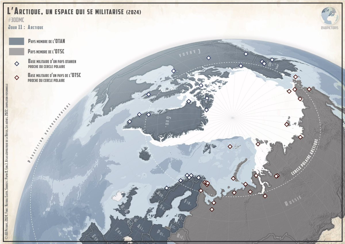 🗺️❄️ L’Arctique, un espace qui se militarise

#30DayMapChallenge - J11 : Arctique

Sources : OTAN, OTSC, Atlas géopolitique de la Russie (Les Arènes) et compilation personnelle 

Réalisée avec QGIS et Illustrator 

#map