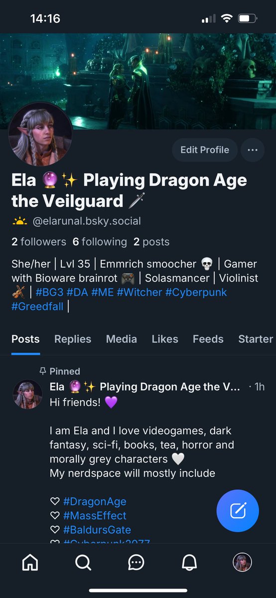 Elarunal's tweet photo. So I finally made an account 👀 
I’ve been more active on my other socials but I’d love to go back to gushing about videogames, books and geeky stuff. Hope to see you there 💜 https://t.co/JO1o8ZdF1p