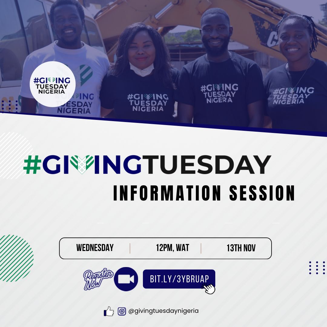 Do you want to learn more about #GivingTuesday in Nigeria and how to be a part of the 2024 #campaign? 

You are specially invited to join the GTN Information Session!
🗓️ Wednesday, 13th Nov. 2024
⏰ 12pm
📍 Zoom - Register to attend here using the link bit.ly/3YBRUAP