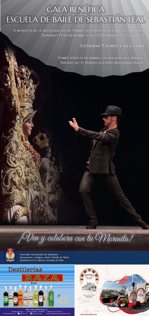 EVENTOS || Gala benéfica Escuela de Baile de Sebastián Leal con motivo de la restauración de Ntra. Madre la Santísima Virgen de la Cabeza.

📍Día 15 de diciembre a las 13h en la Ludoteca, con servicio de barra y migas.

Precio de la entrada: 5€ (incluyendo una fila cero).