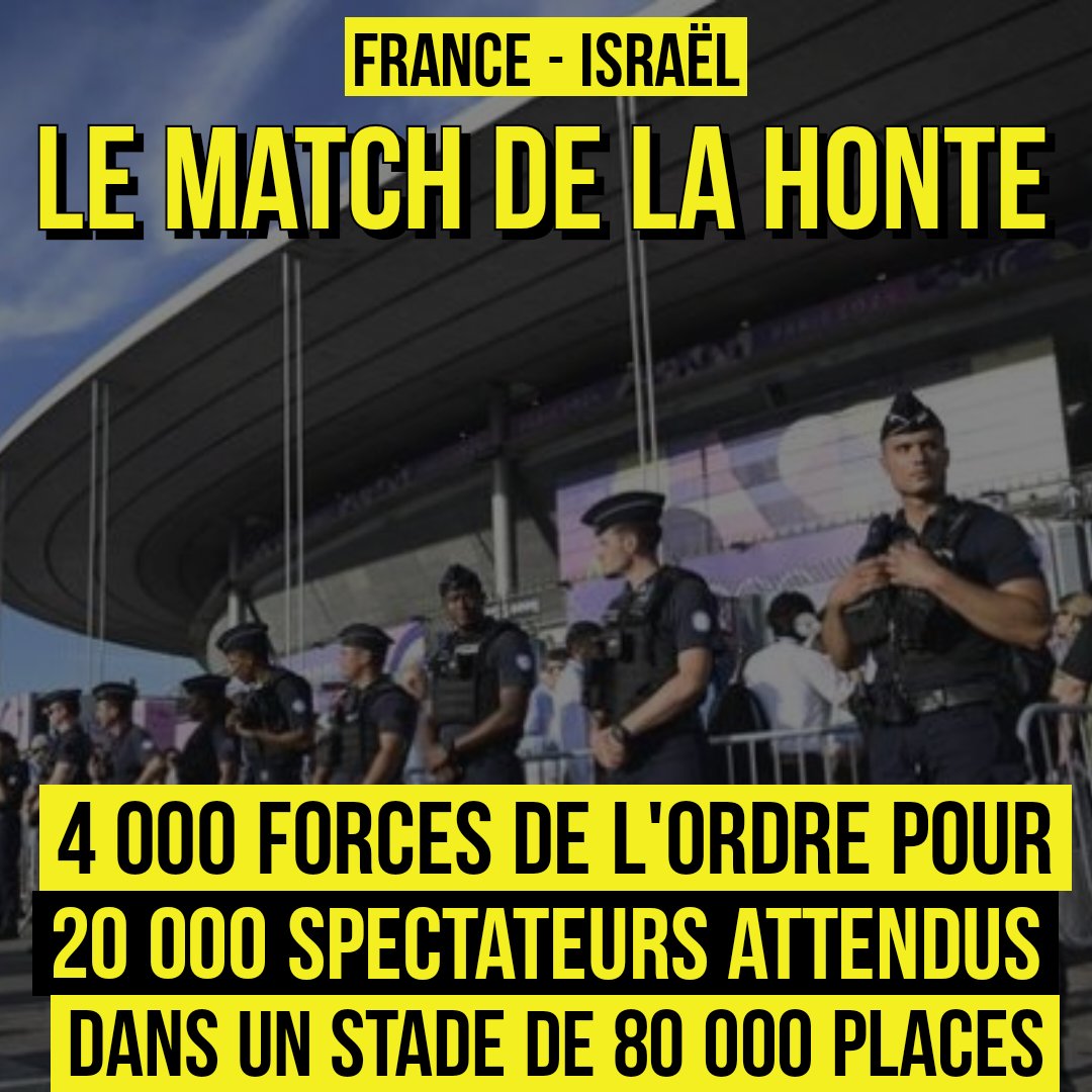 CerveauxNon's tweet photo. Pour accueillir l'équipe d'une nation en train de faire un genicode, le pouvoir français est prêt à tout. Pour le pire et pour le pire...

Ce match ne devrait jamais avoir lieu. #FranceIsraël https://t.co/k0vrvK0lYZ