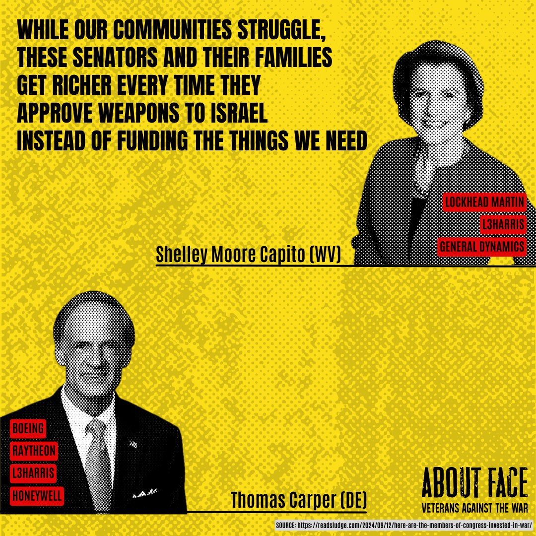 VetsAboutFace's tweet image. These Senators stand to personally profit if the Joint Resolutions of Disapproval fail. How many of them will claim to honor #Veterans today while they help fuel escalating regional war and sell out our communities for their own gain? /7

Learn more: readsludge.com/2024/09/12/her…