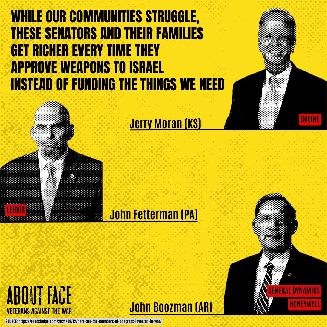 VetsAboutFace's tweet image. These Senators stand to personally profit if the Joint Resolutions of Disapproval fail. How many of them will claim to honor #Veterans today while they help fuel escalating regional war and sell out our communities for their own gain? /5

Learn more: readsludge.com/2024/09/12/her…
