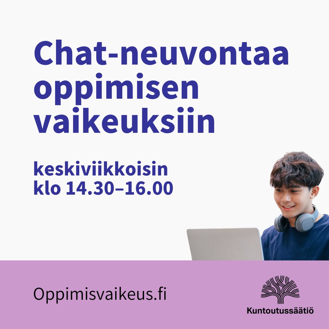 Tuntuuko oppiminen hankalalta? Jännittääkö opiskelu? Chatissa voit jutella oppimisvaikeuksiin perehtyneen psykologin kanssa.

🗓️✍️ Chat on auki keskiviikkoisin klo 14.30–16.00!

Pääset chattiin Oppimisvaikeus.fi-sivun alakulmasta oppimisvaikeus.fi