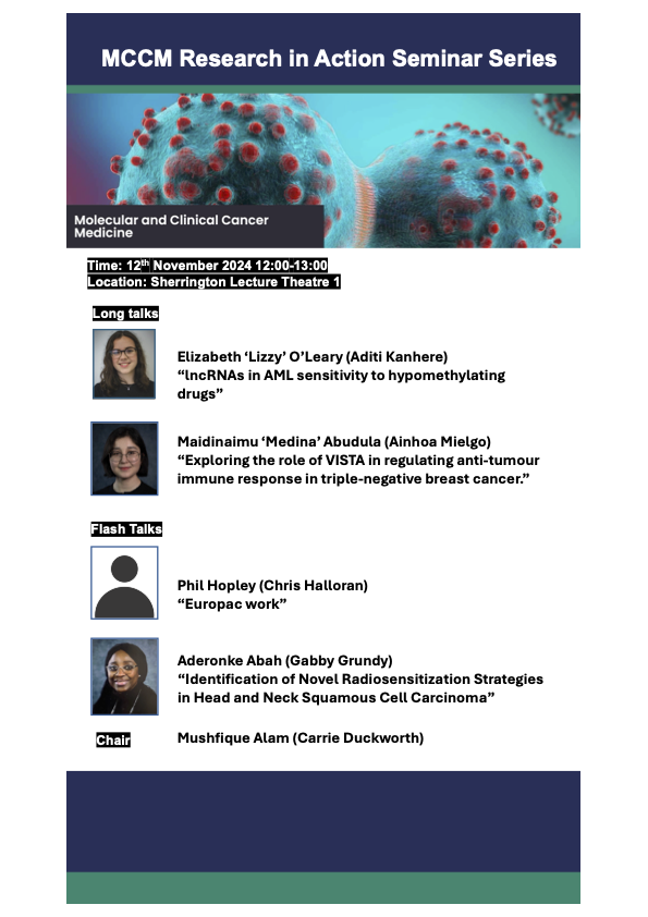 We are excited to announce our first ever MCCM Research in Action seminar, Tuesday 12th November 2024 12 noon – 1pm - postdocs &amp; PhD students from across the department will present their work - please join us if you are able to!