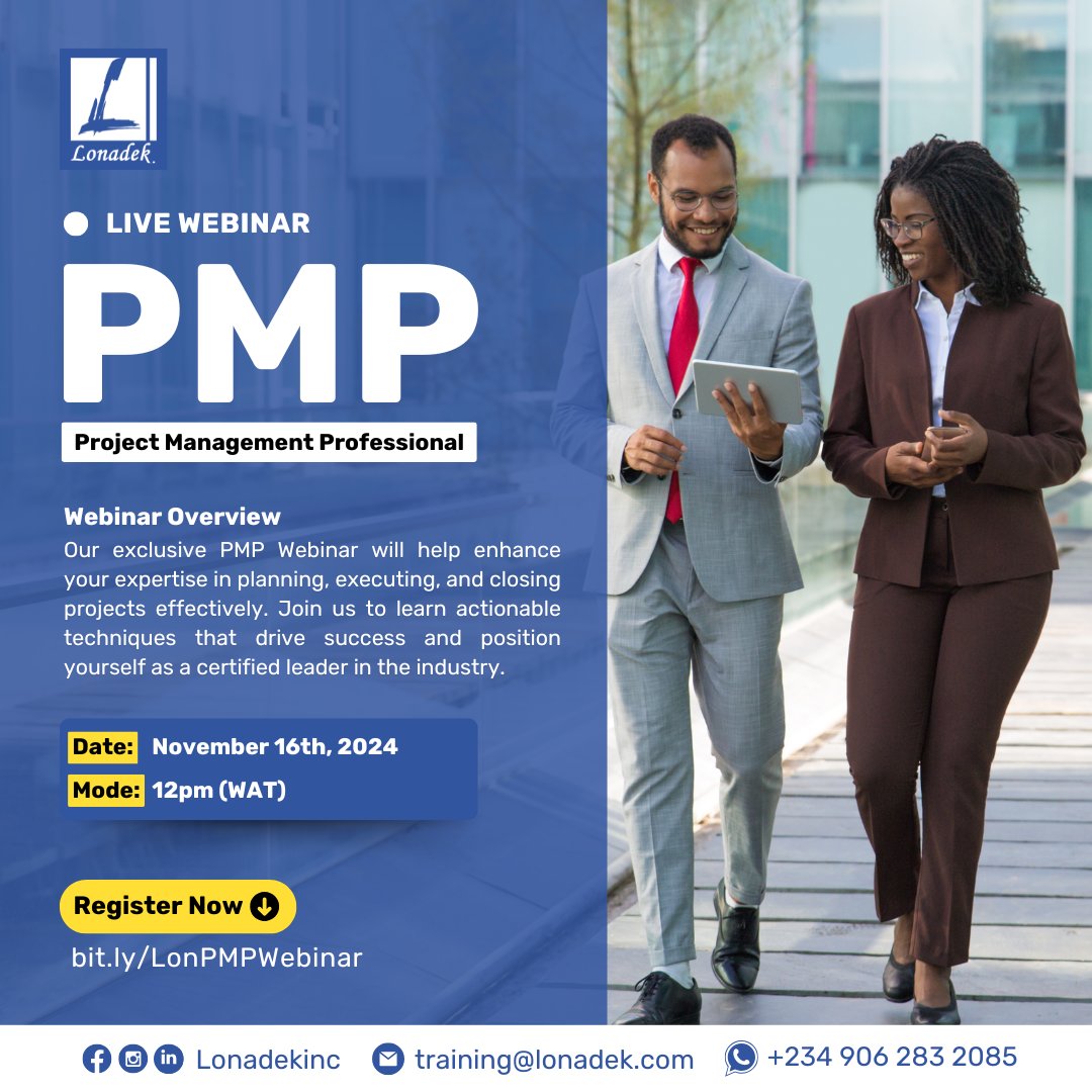 Lonadek Inc. (@lonadekinc) on Twitter photo Ready to level up your project management skills?
Join our upcoming PMP Webinar and gain the insider knowledge you need to crush the PMP exam!
Register now via - bit.ly/LonPMPWebinar
For further enquiries, Contact us:
Email: training@lonadek.com
Call: +234 906 283 2085
#PMP Ready to level up your project management skills?
Join our upcoming PMP Webinar and gain the insider knowledge you need to crush the PMP exam!
Register now via - bit.ly/LonPMPWebinar
For further enquiries, Contact us:
Email: training@lonadek.com
Call: +234 906 283 2085
#PMP