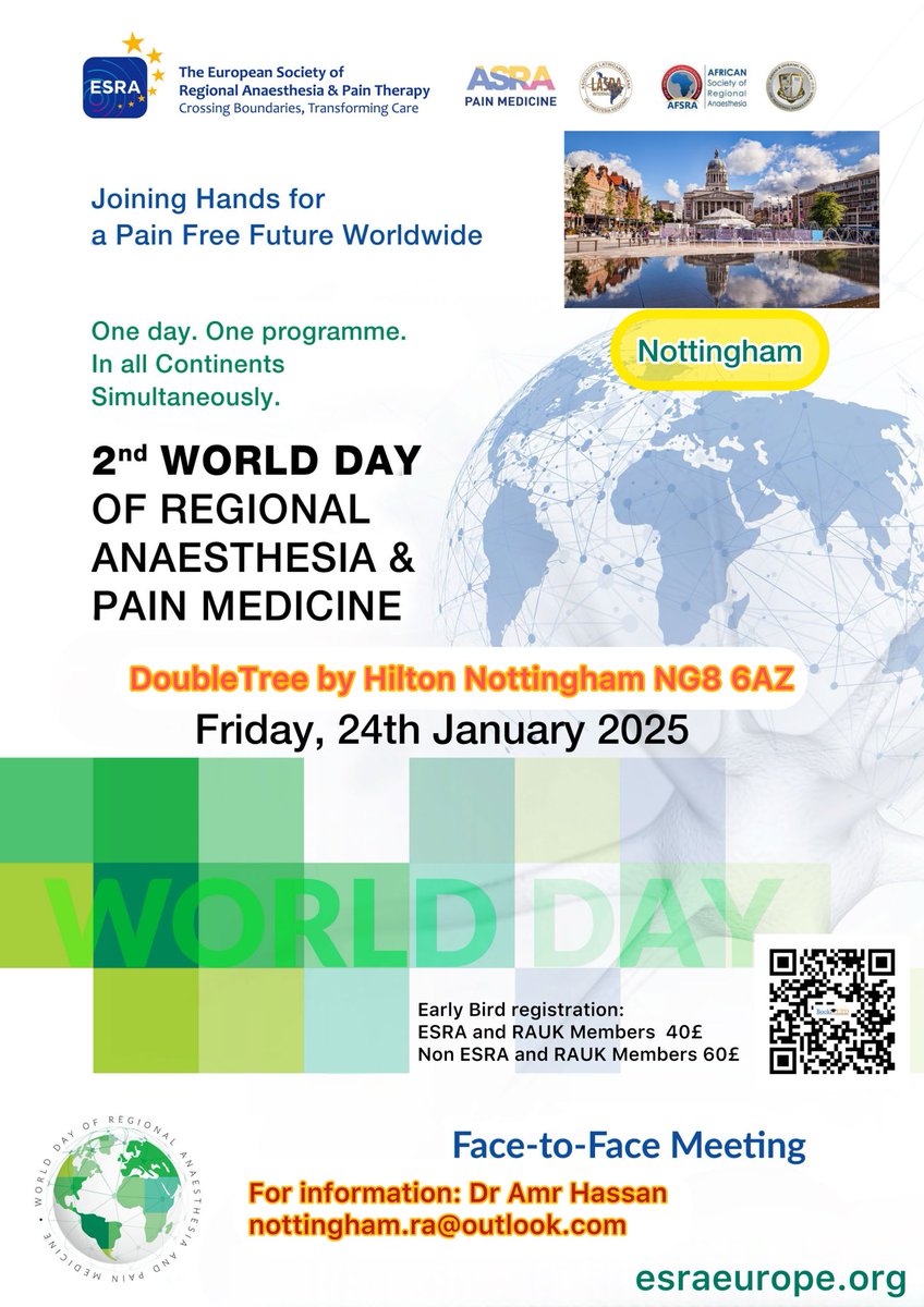 Amr Hassan (@dramrsharaf) on Twitter photo Delighted to announce Nottingham is contributing to the ESRA 2nd World day of Regional anaesthesia & Pain Medicine 👌👍
🗓️Friday 24th January 25 <a href="/DoubleTree/">DoubleTree by Hilton</a>
Booking is open, Looking forward to seeing you <a href="/mokaeleni/">Eleni Moka</a> <a href="/ESRA_Society/">ESRA | European Society of Regional Anaesthesia</a> <a href="/RegionalAnaesUK/">RA-UK</a> <a href="/AnaesthesiaNuh/">NUH_Anaesthesia</a> <a href="/RCoANews/">Royal College of Anaesthetists</a> Delighted to announce Nottingham is contributing to the ESRA 2nd World day of Regional anaesthesia & Pain Medicine 👌👍
🗓️Friday 24th January 25 <a href="/DoubleTree/">DoubleTree by Hilton</a>
Booking is open, Looking forward to seeing you <a href="/mokaeleni/">Eleni Moka</a> <a href="/ESRA_Society/">ESRA | European Society of Regional Anaesthesia</a> <a href="/RegionalAnaesUK/">RA-UK</a> <a href="/AnaesthesiaNuh/">NUH_Anaesthesia</a> <a href="/RCoANews/">Royal College of Anaesthetists</a>