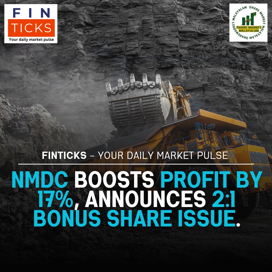 ShareMalayalam's tweet photo. NMDC Profits Surge 17%, Announces 2:1 Bonus Share Issue!

NMDC's Q2 net profit rises 17% YoY to ₹1,196 crore, driven by a 23% revenue boost. Board approves 2:1 bonus share issue, rewarding existing shareholders. #MiningUpdates #finticks https://t.co/YPatQxvUUQ
