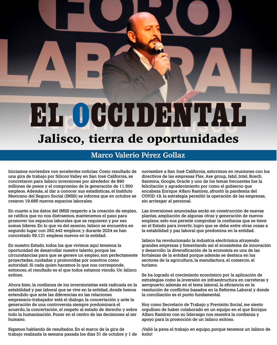 Me gustaría compartirles mi colaboración con el tema: “Jalisco, tierra de oportunidades” donde hablo sobre los resultados de la gira de trabajo por Silicon Valley en San José California, también las cifras de la creación de empleos y  temas de en materia laboral

#JaliscoLíder