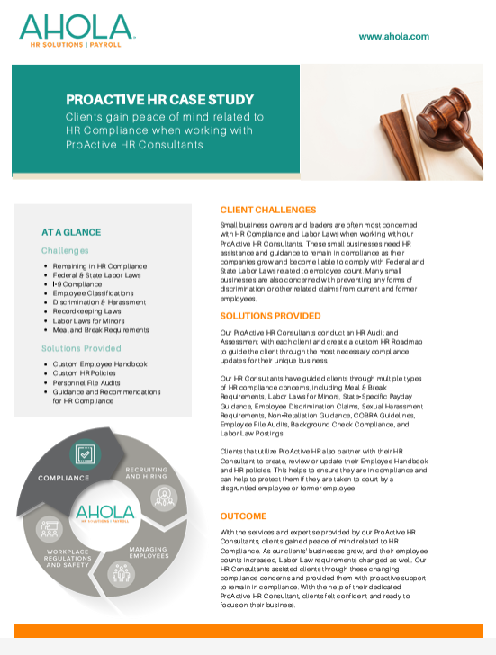 AholaCorp's tweet image. Our ProActive HR service, is now available as a stand-alone solution—no payroll service required! We’re making it easier than ever to access the HR compliance support your business needs, independent of payroll.

Compliance Case Study or hubs.la/Q02XHL_j0

#ProActiveHR