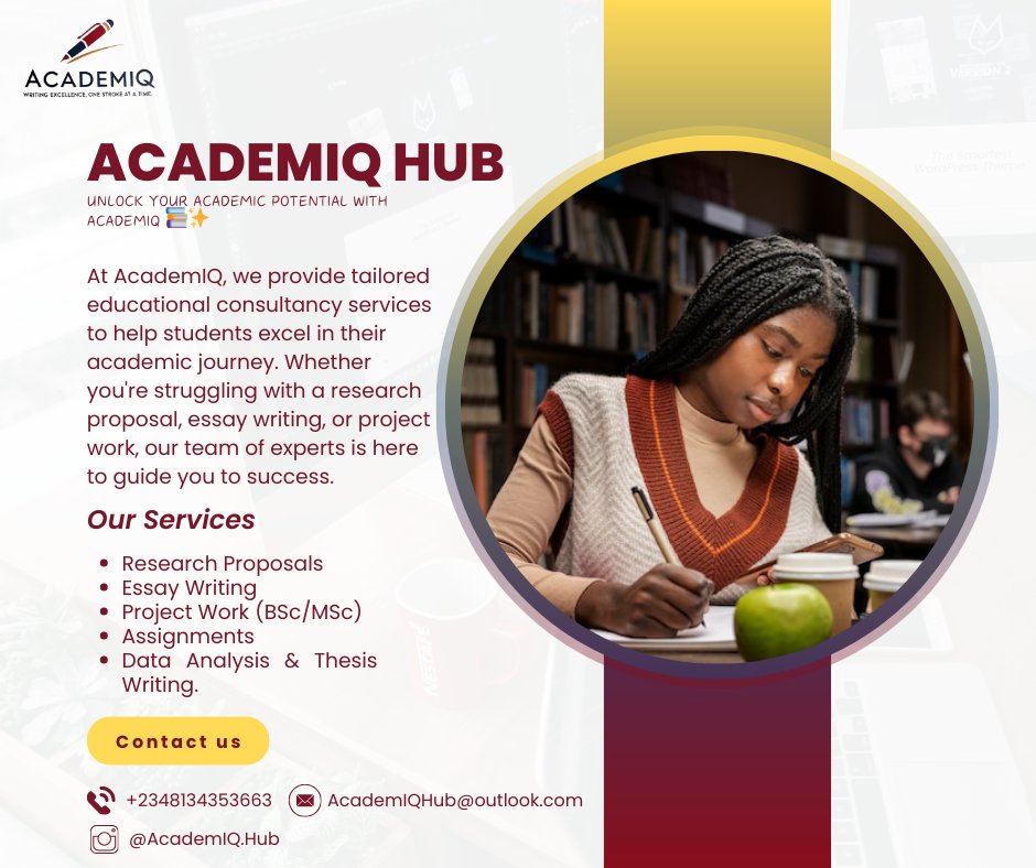 Check out our flyer below and don’t hesitate to reach out! Kindly share this with your network — you never know who might need a helping hand. 🙏😊
📞Contact us: +2348134353663
 📧 Email: AcademIQHub@outlook.com
 📲 Follow us on Instagram: <a href="/AcademIQ/">academiq</a>.Hub