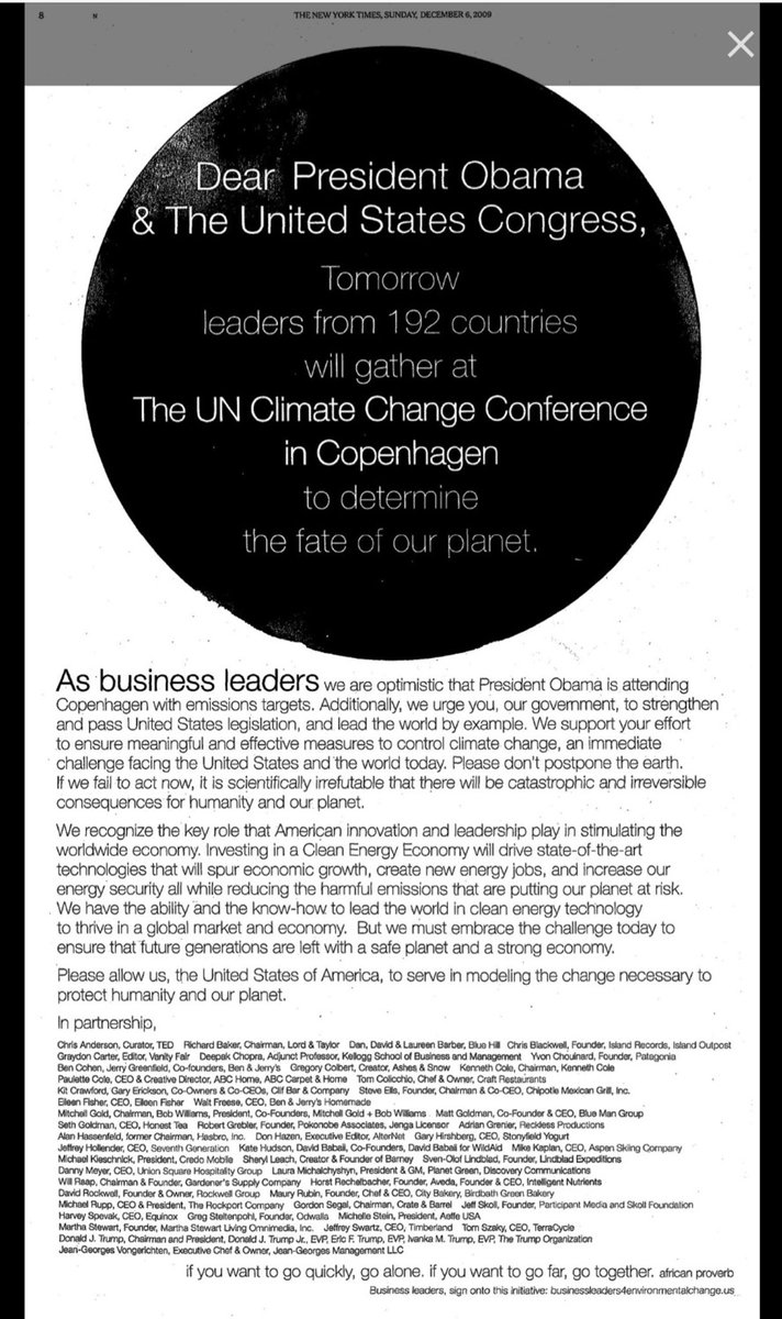 Donald Trump (and 3 other members of his family) signed this in the @NYTimes ahead of COP15 (2009): "Investing in a Clean Energy Economy will drive state-of-the-art technologies that will spur economic growth, create new energy jobs, and increase our energy security all while
