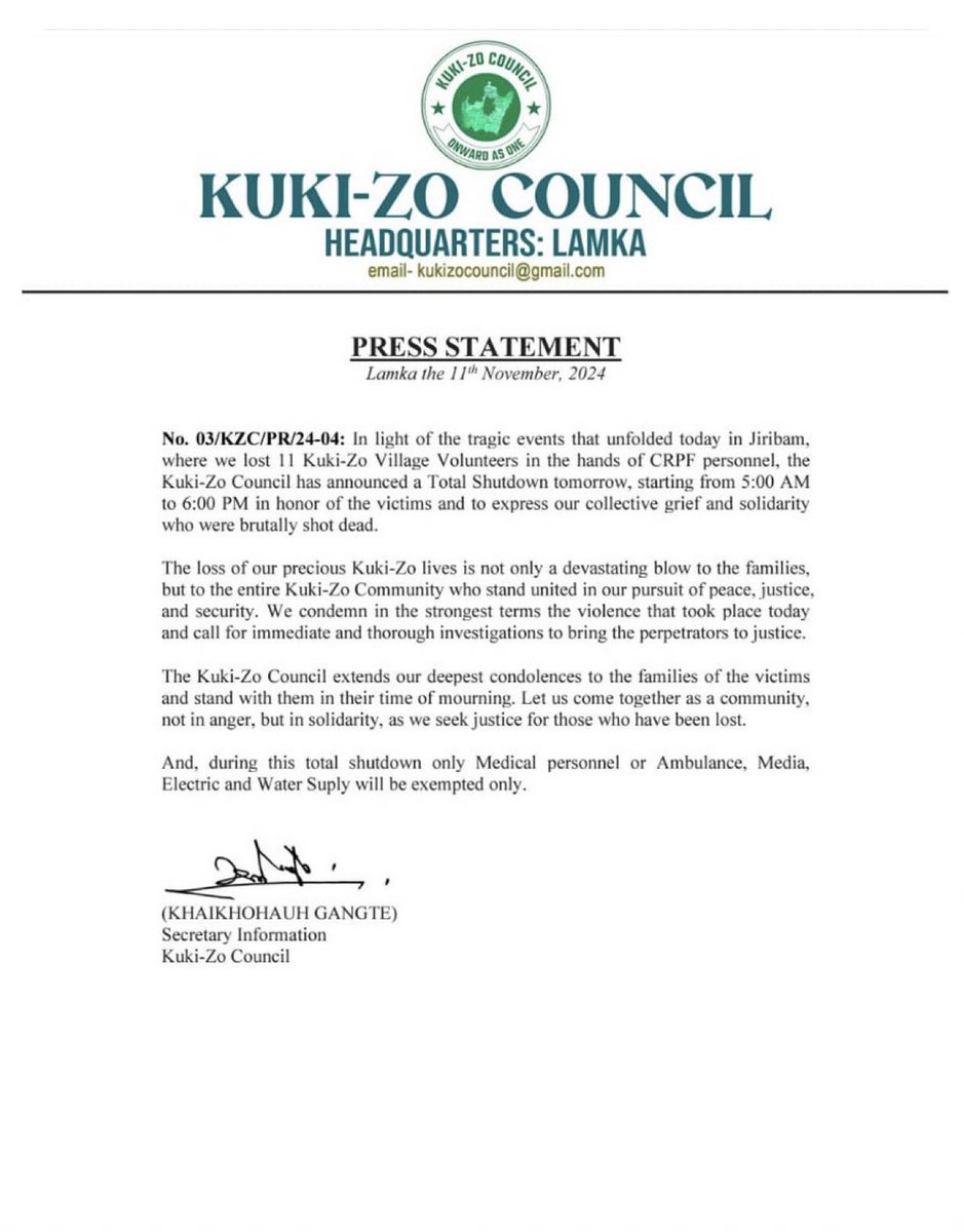 KsoBungpi's tweet photo. Kuki-Zo Council announced a Total Shutdown Tomorrow Starting from 5:00 AM to 6:00 PM in Honour of the Victims and to express collective grief and solidarity.
@crpfindia 
@PMOIndia @HMOIndia @HillsMojo @NELiveTV https://t.co/xRDXGK4Jay
