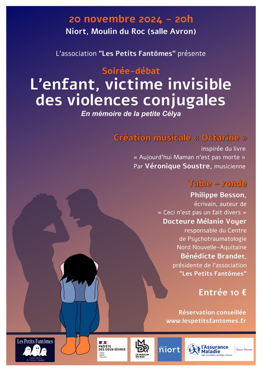 🗓️Soirée "L'enfant, victime invisible des violences conjugales"
#Niort 20 nov 
Spectacle musical "Octarine"
Table-ronde avec l'écrivain Philippe Besson et la Dr Mélanie Voyer
Vous êtes conviés ! 👇
#violencesconjugales #enfants #victimes