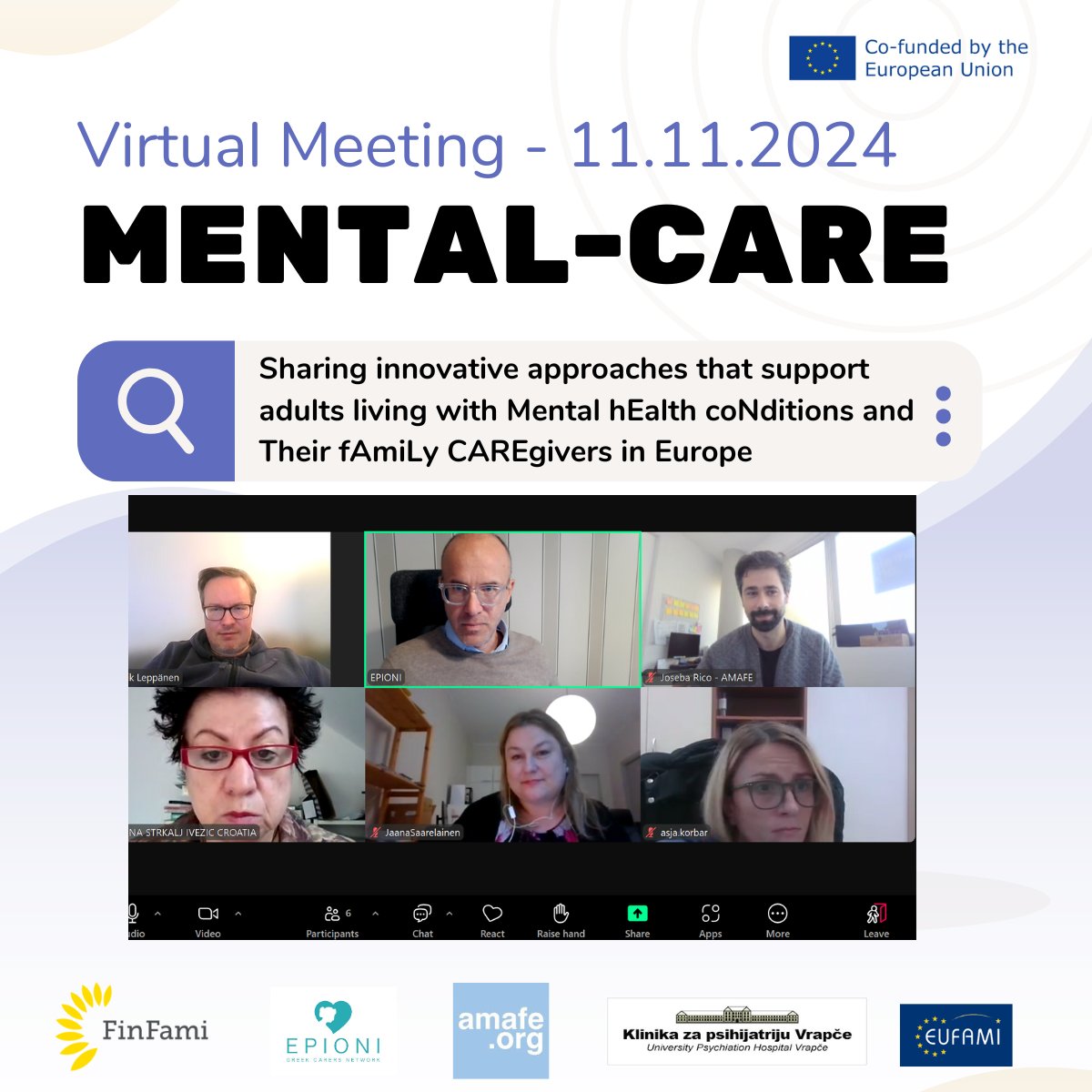 Today, FINFAMI hosted a virtual meeting with partners from 🇫🇮🇬🇷🇪🇸🇭🇷🇧🇪 to discuss the Mental Care project and the Learning Activity in Zagreb, Feb 20-22, 2025. We'll focus on sharing tools and insights to strengthen mental health care and support for caregivers across Europe.