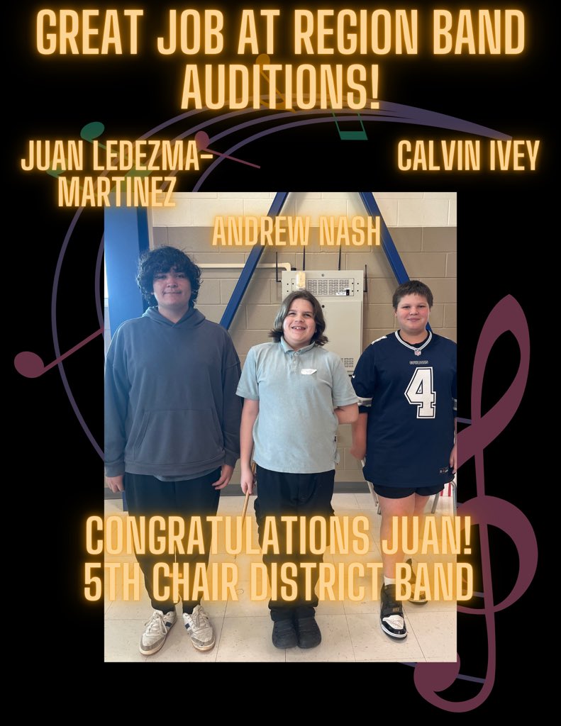 This weekend we had three students audition for Region Band. Students have been preparing for the audition since August and we are proud of their hard work. Congratulations to Juan Ledezma-Martinez on placing 5th chair District!
#MusicforAll #RegionBand