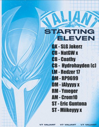 Vulcan7 Valiant ⚔️

The line-up for Valiant's 3 games tonight is looking as strong as ever. After a very successful end to the week they look at bringing the positivity and consistency into the start of this week ⚽️

Good luck to all involved 🫡

#LetsGoVulcan