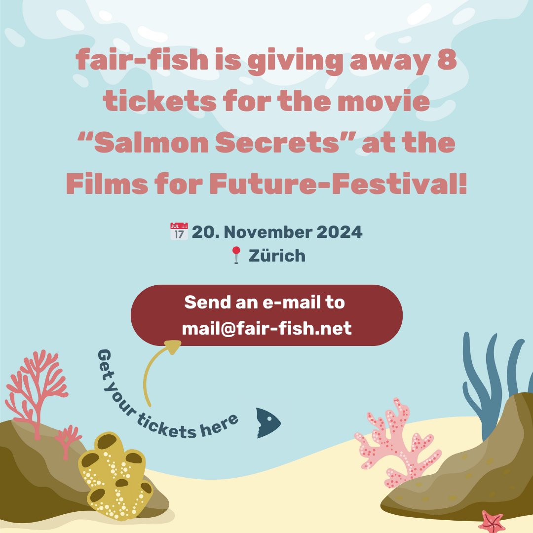🎬🐟 We're giving away 8 tickets to see the film Salmon Secrets at the Films for Future Festival in Zurich for free!

📅 Nov. 1-30, 2024
📍 Zurich
🎟️ Buy tickets here: shorturl.at/j3qgb
🎟️ Get your free ticket here: mail@fair-fish.net