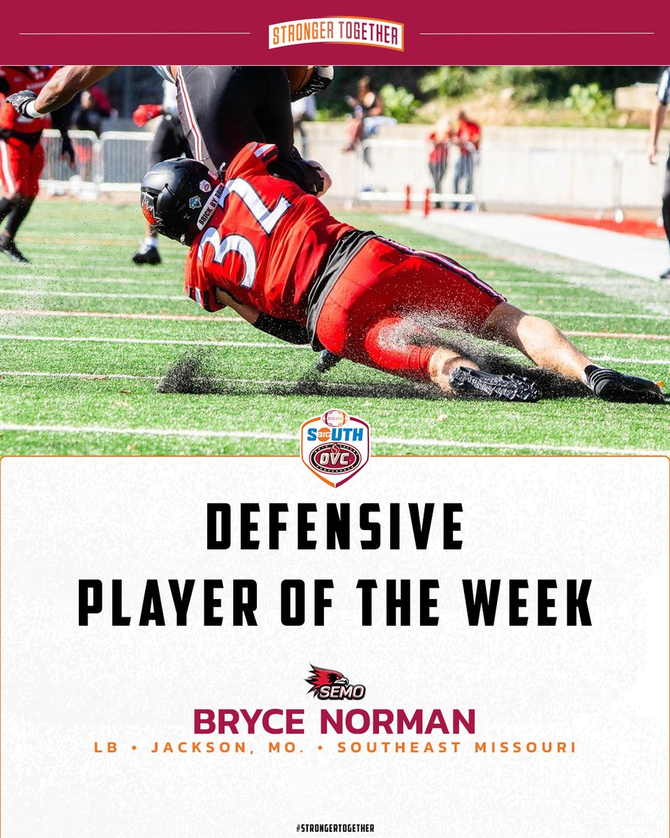 OVC-Big South Football Association (@bigsouthovcfb) on Twitter photo He recorded a career-high 1⃣9⃣ tackles (nine solo), 3.0 TFL and 2.0 sacks at Lindenwood. 😳
<a href="/SEMOfootball/">SEMO Football</a>'s Bryce Norman (<a href="/BryceNorman40/">Bryce Norman</a>) is the #BigSouthOVCFB Defensive Player of the Week! He recorded a career-high 1⃣9⃣ tackles (nine solo), 3.0 TFL and 2.0 sacks at Lindenwood. 😳
<a href="/SEMOfootball/">SEMO Football</a>'s Bryce Norman (<a href="/BryceNorman40/">Bryce Norman</a>) is the #BigSouthOVCFB Defensive Player of the Week!