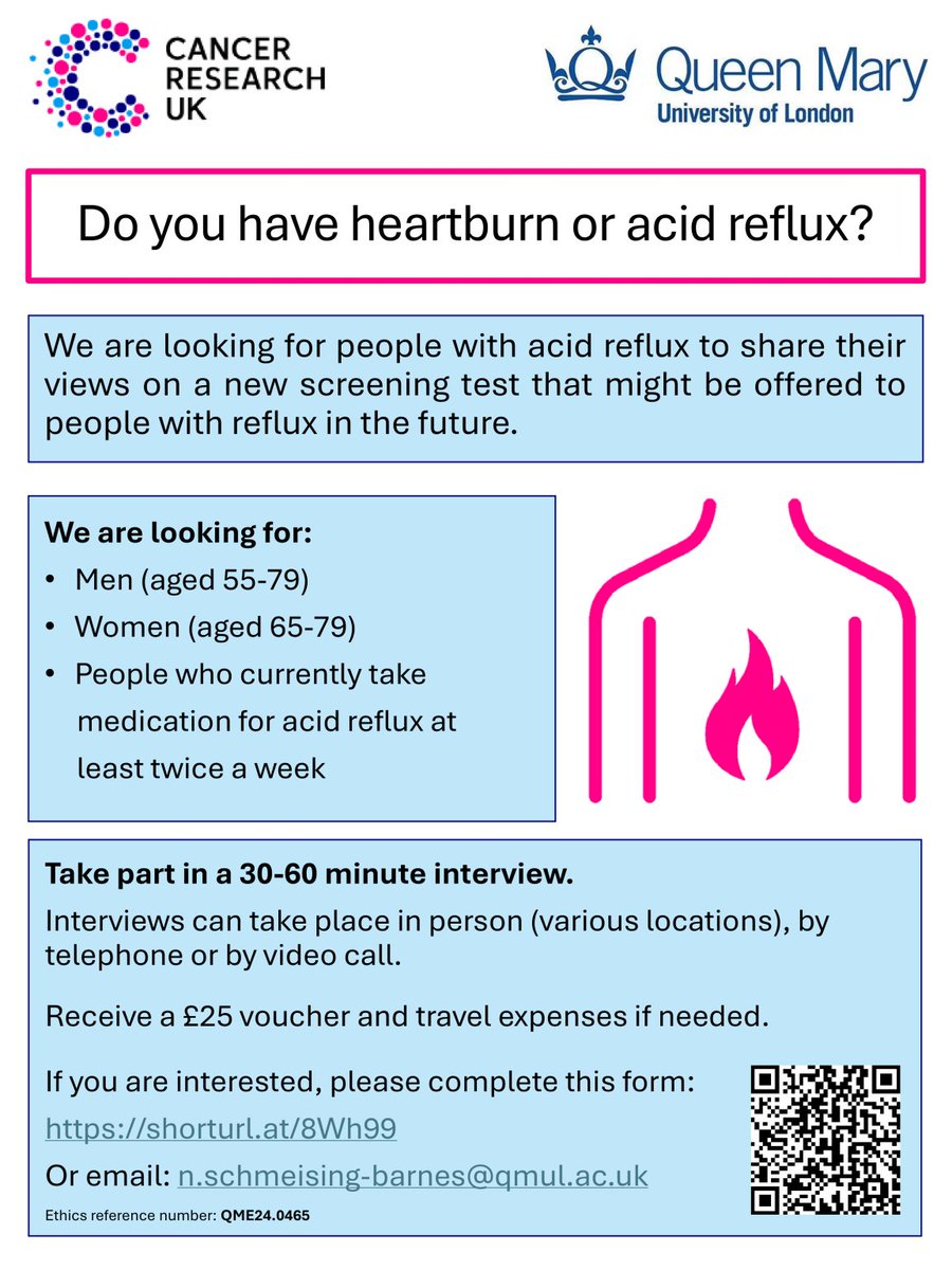 Would you like to take part in some research for <a href="/QMUL/">Queen Mary University of London</a>? If you are 55-79 and live with heartburn or acid reflux, Queen Mary University of London would like your views on a new screening test. To apply to be interviewed or read more info have a look at shorturl.at/8Wh99
