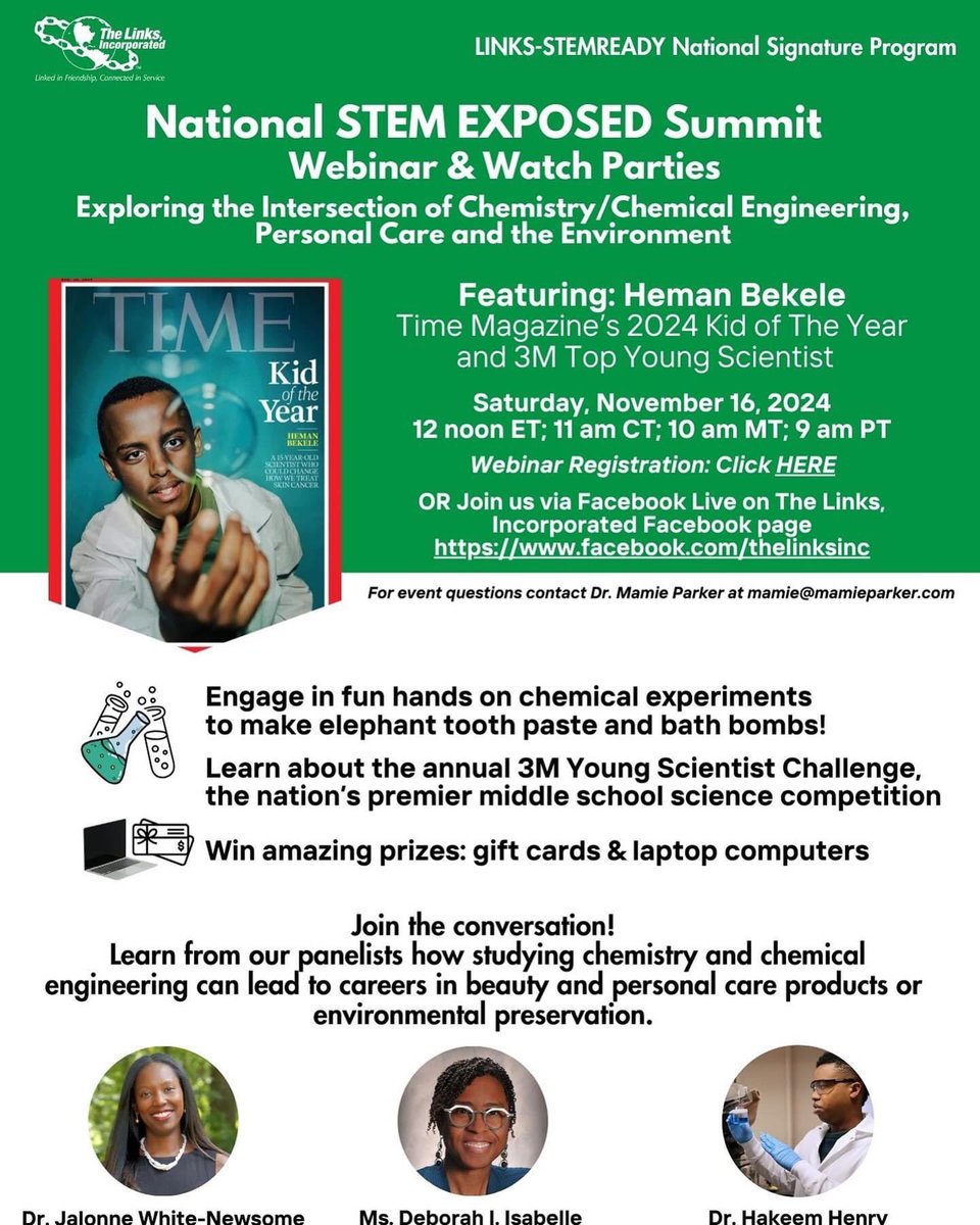 The Links, Incorporated continues its support of STEM education through our STEM EXPOSED Summit: Exploring the Intersection of Chemistry/Chemical Engineering, Personal Care and the Environment
Join us via webinar or Facebook Live on November 16, 2024.